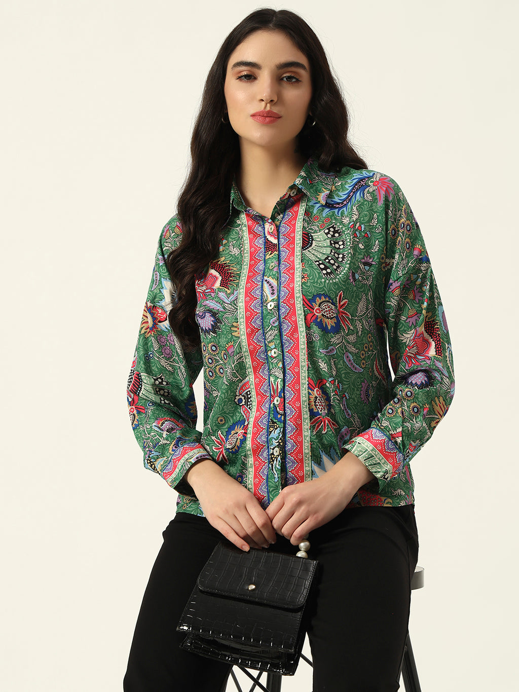 Beatnik Printed Crepe Button-Down Green Western Shirt