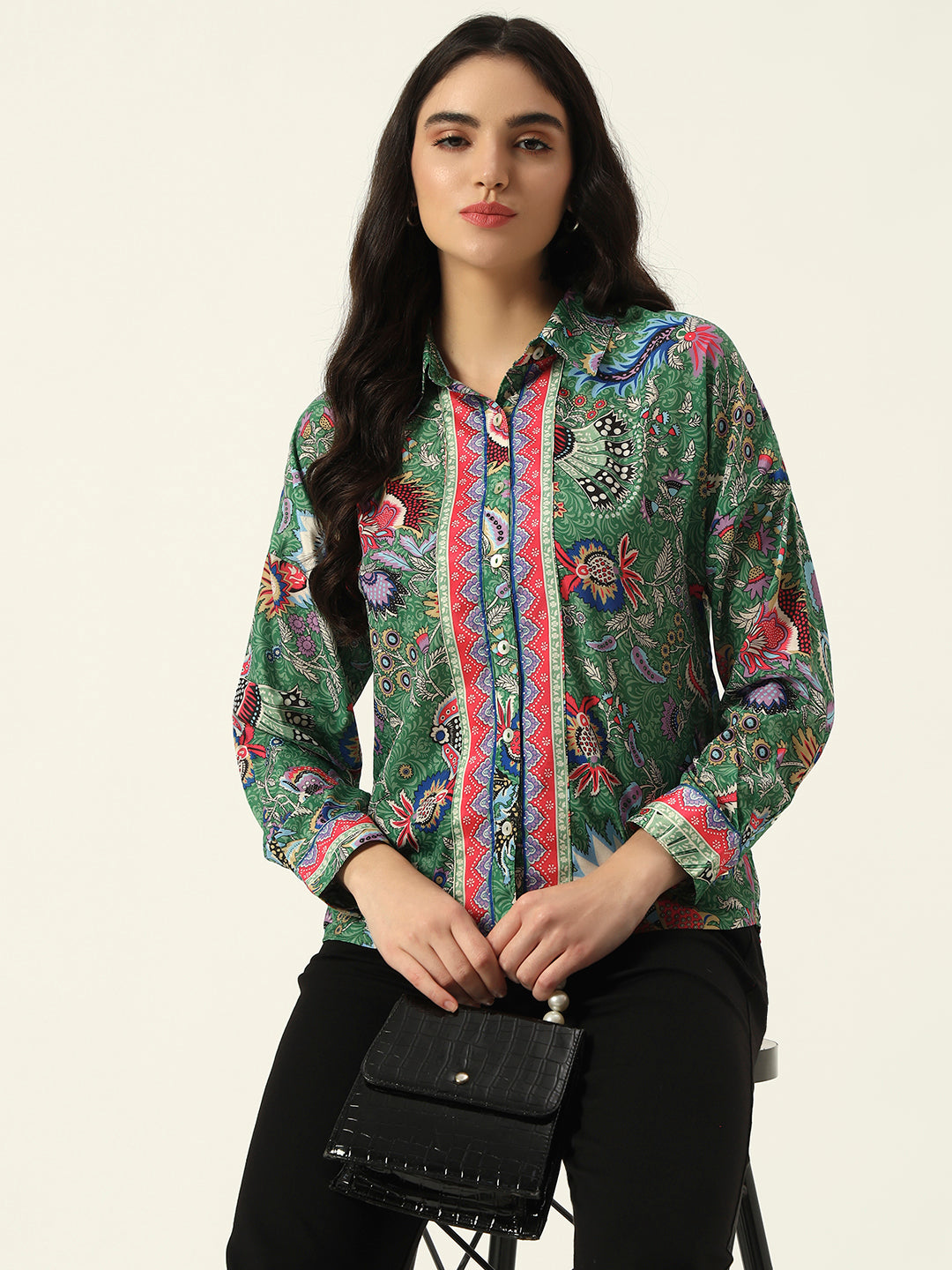 Beatnik Printed Crepe Button-Down Green Western Shirt