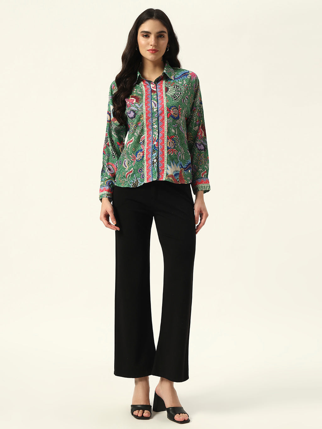 Beatnik Printed Crepe Button-Down Green Western Shirt
