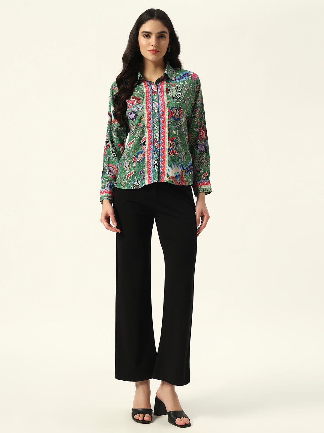 Beatnik Printed Crepe Button-Down Green Western Shirt