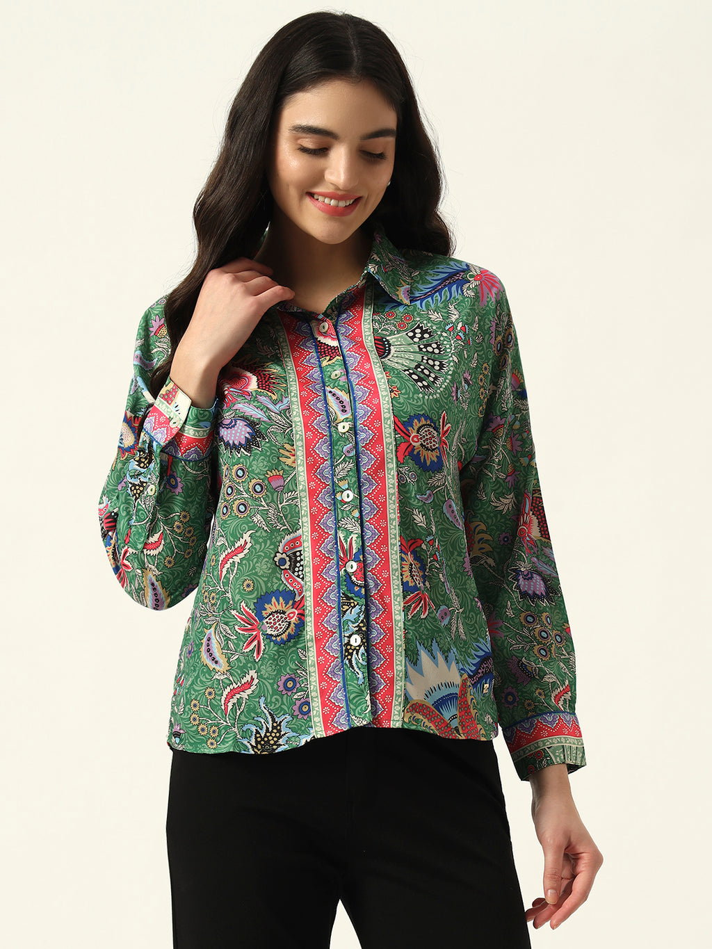 Beatnik Printed Crepe Button-Down Green Western Shirt