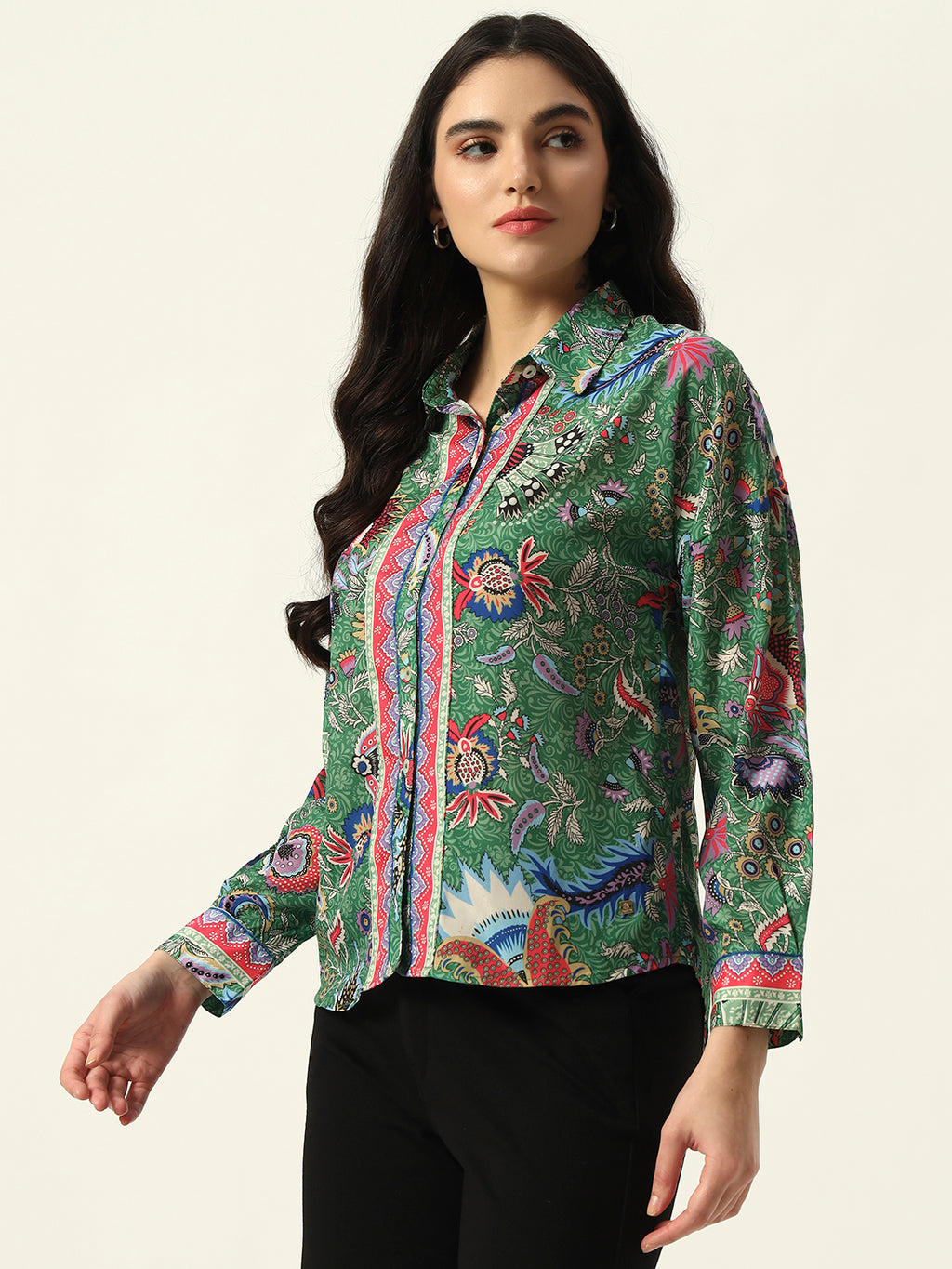 Beatnik Printed Crepe Button-Down Green Western Shirt