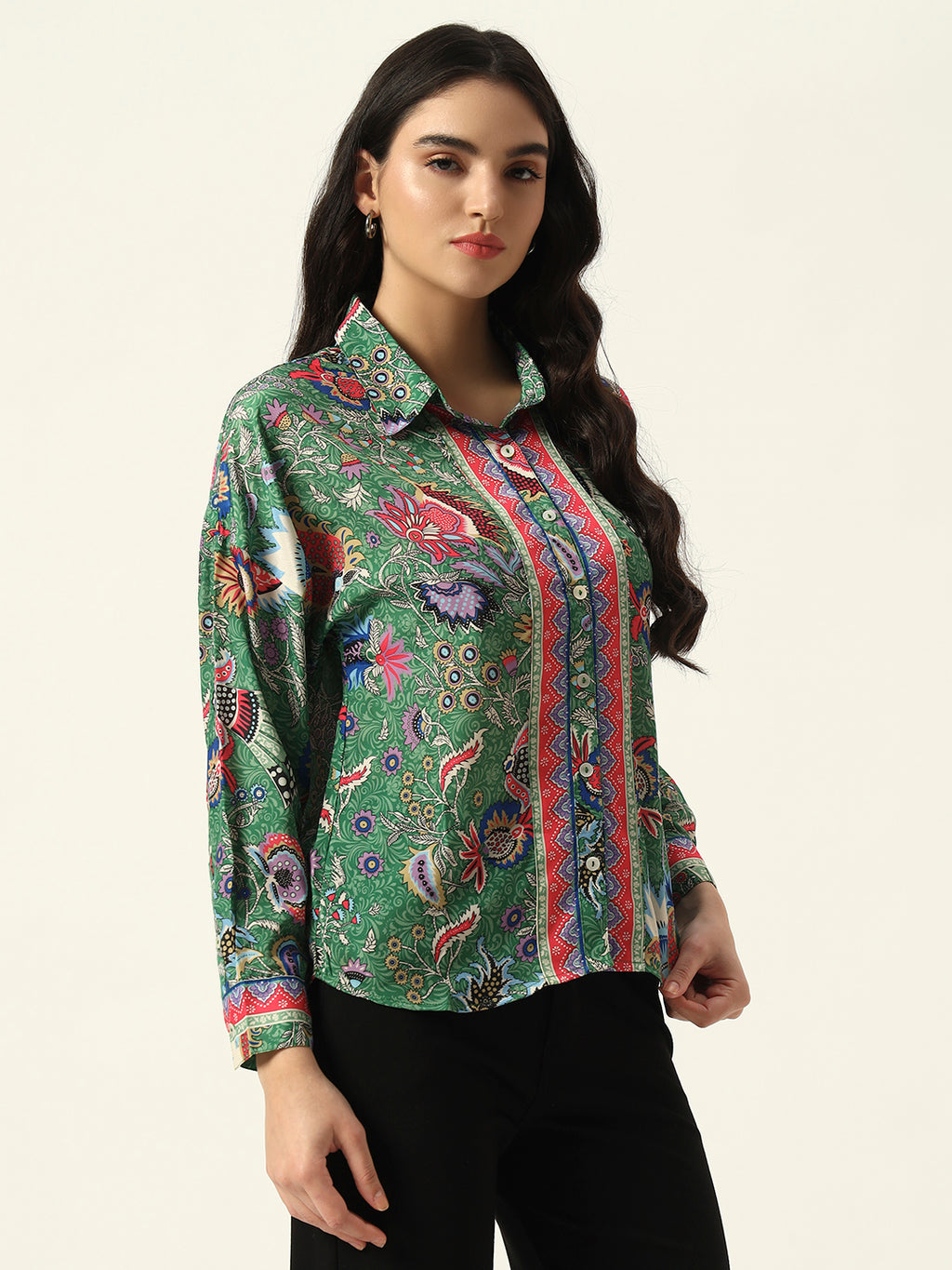 Beatnik Printed Crepe Button-Down Green Western Shirt