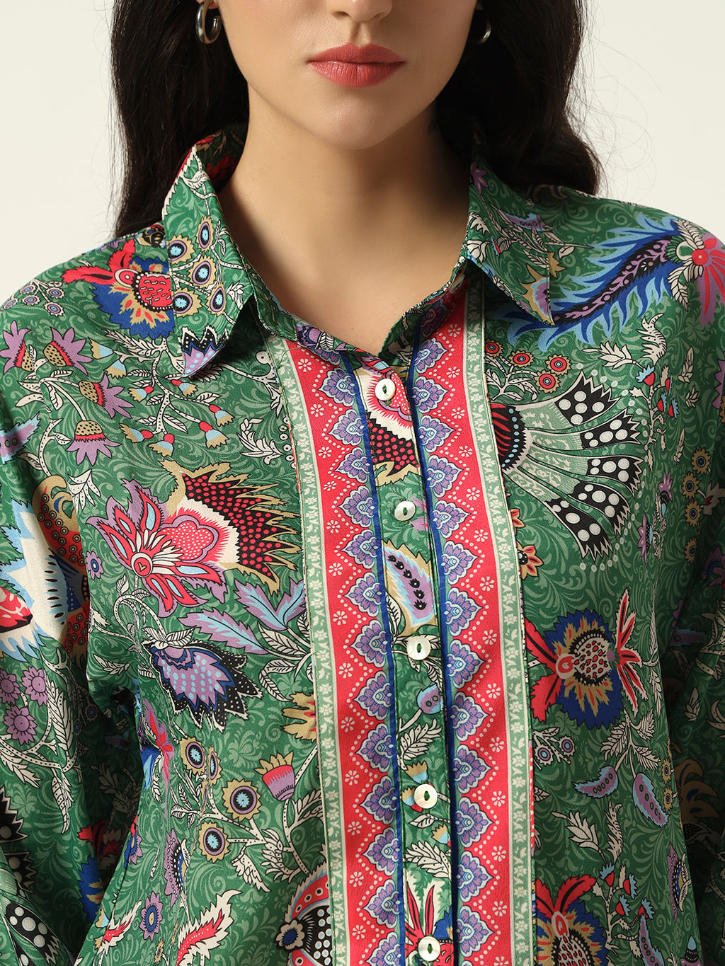 Beatnik Printed Crepe Button-Down Green Western Shirt