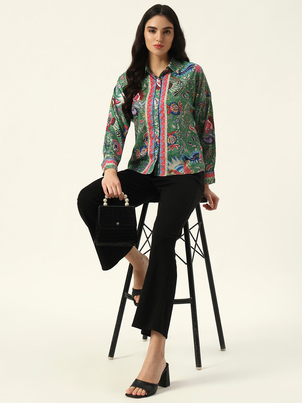 Beatnik Printed Crepe Button-Down Green Western Shirt