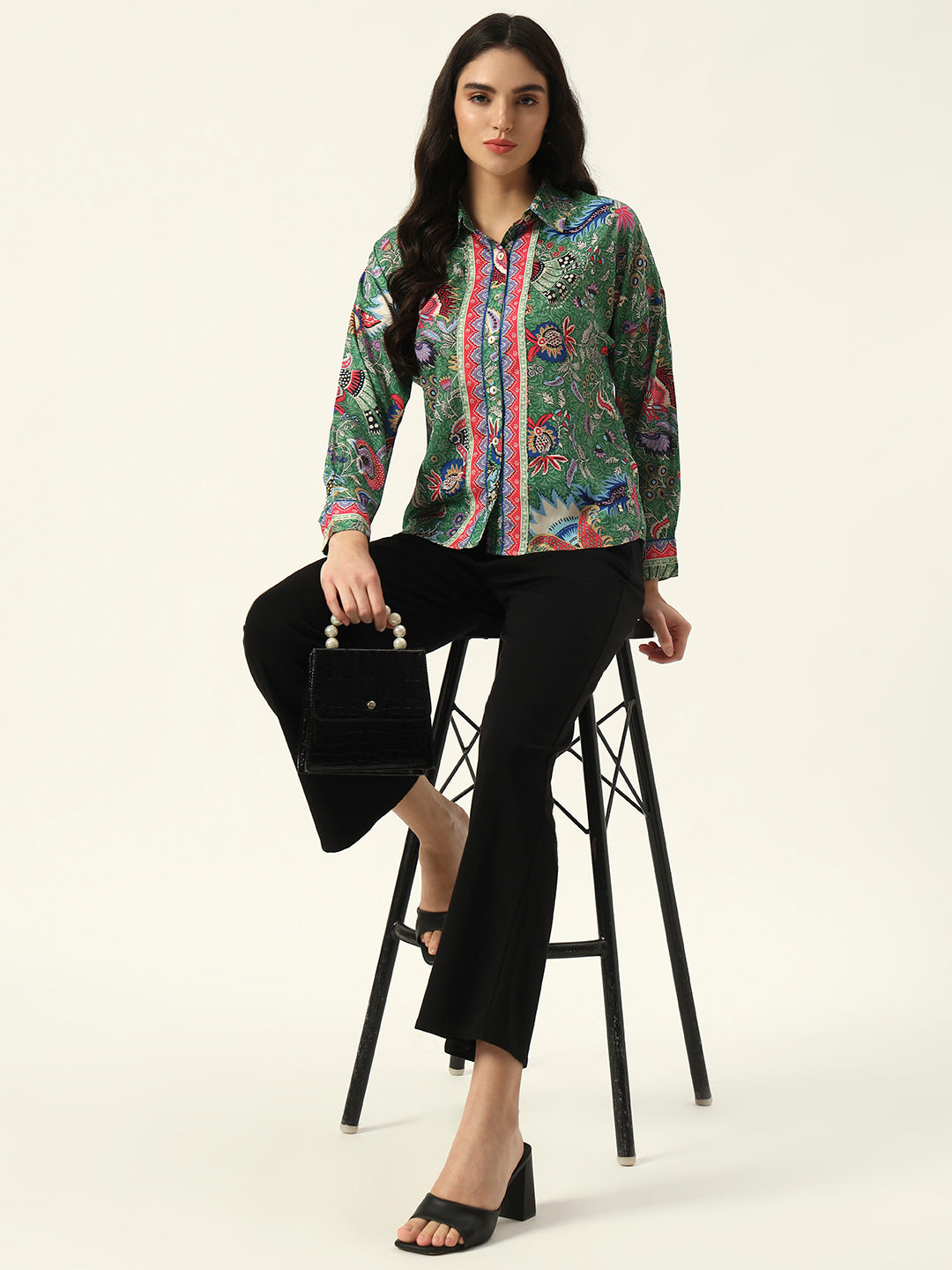 Beatnik Printed Crepe Button-Down Green Western Shirt
