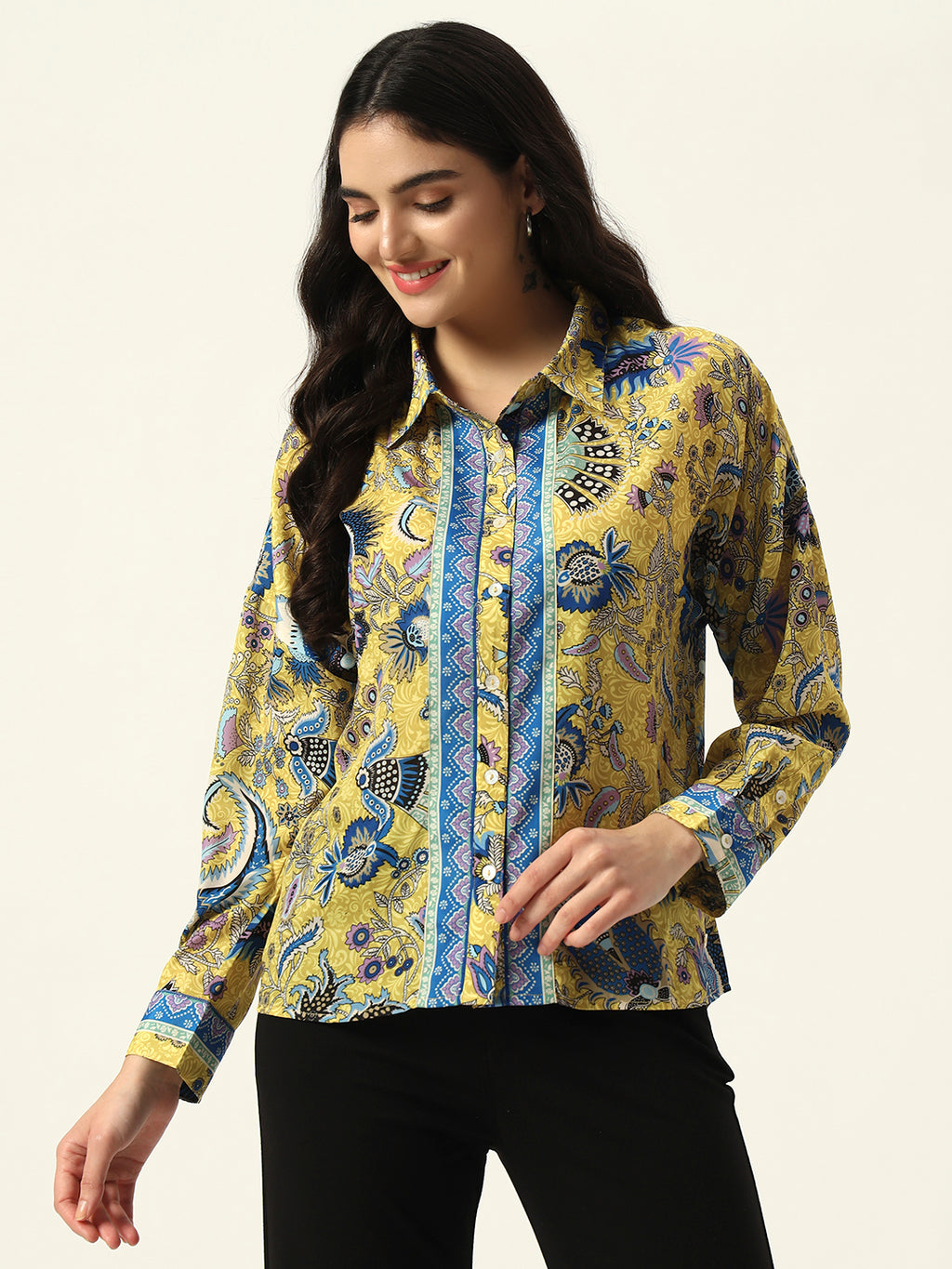 Beatnik Printed Crepe Button-Down Yellow Western Shirt