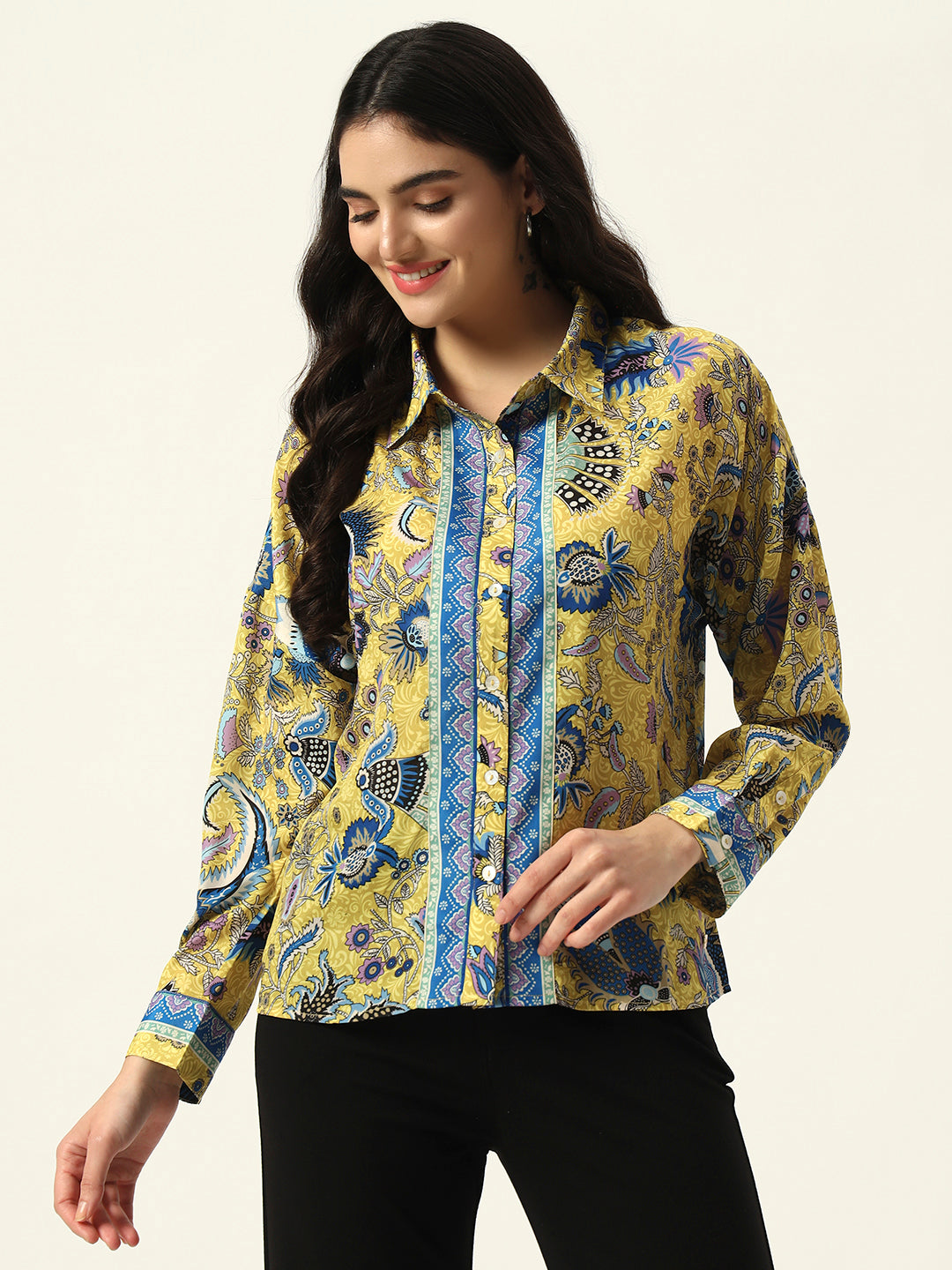 Beatnik Printed Crepe Button-Down Yellow Western Shirt