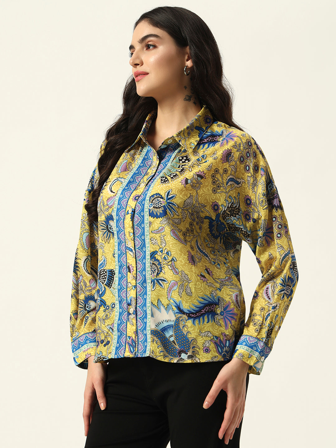 Beatnik Printed Crepe Button-Down Yellow Western Shirt