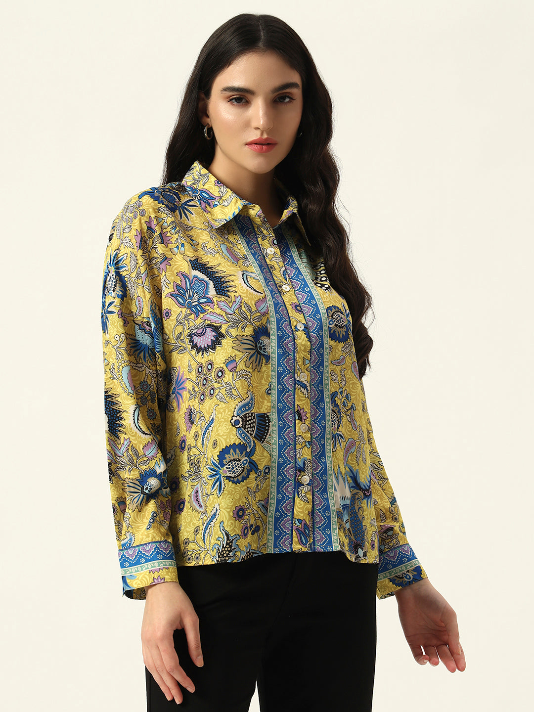 Beatnik Printed Crepe Button-Down Yellow Western Shirt