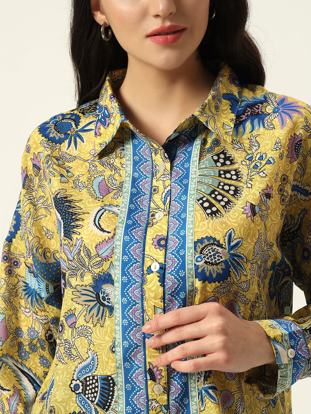 Beatnik Printed Crepe Button-Down Yellow Western Shirt
