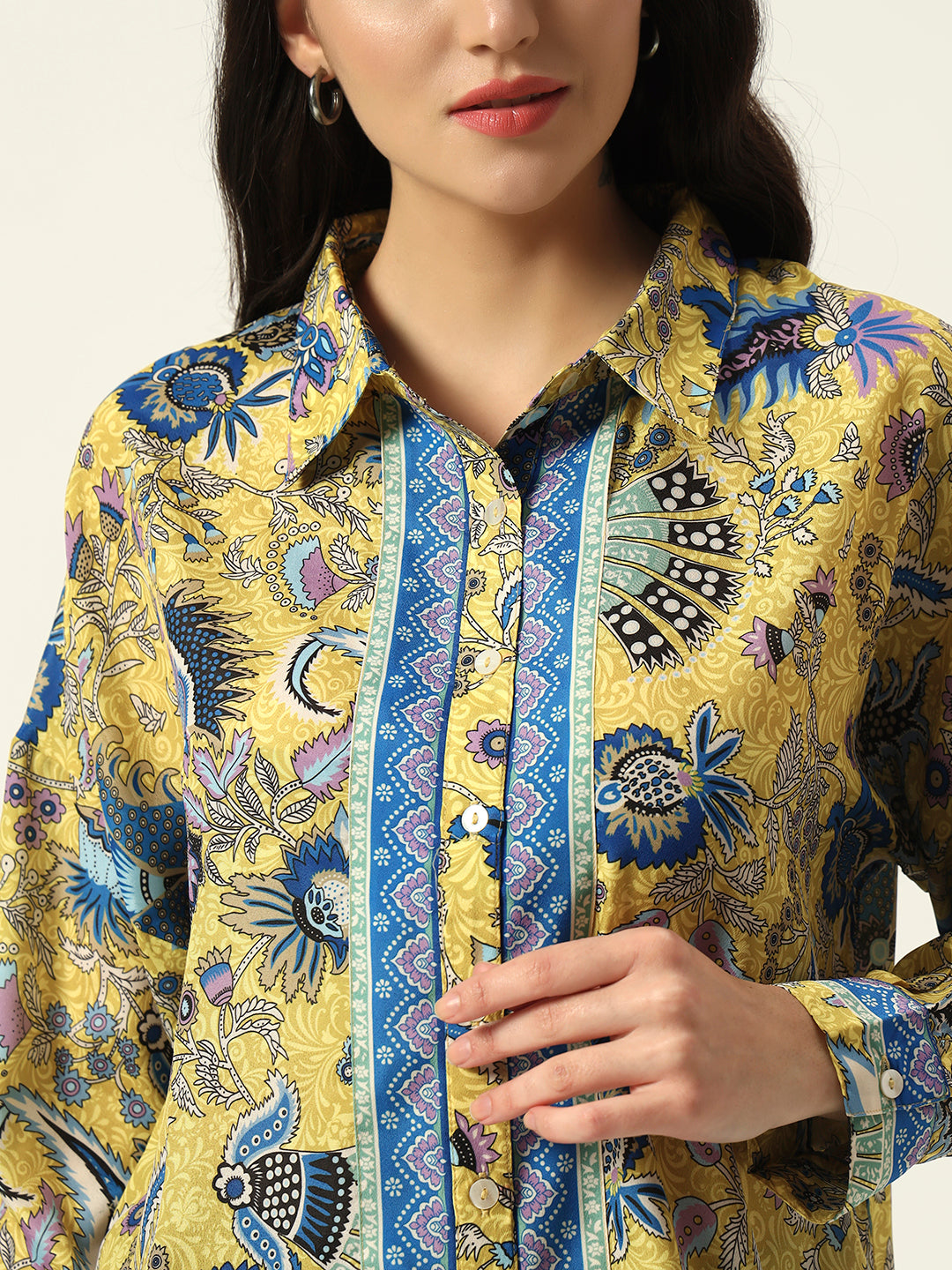 Beatnik Printed Crepe Button-Down Yellow Western Shirt