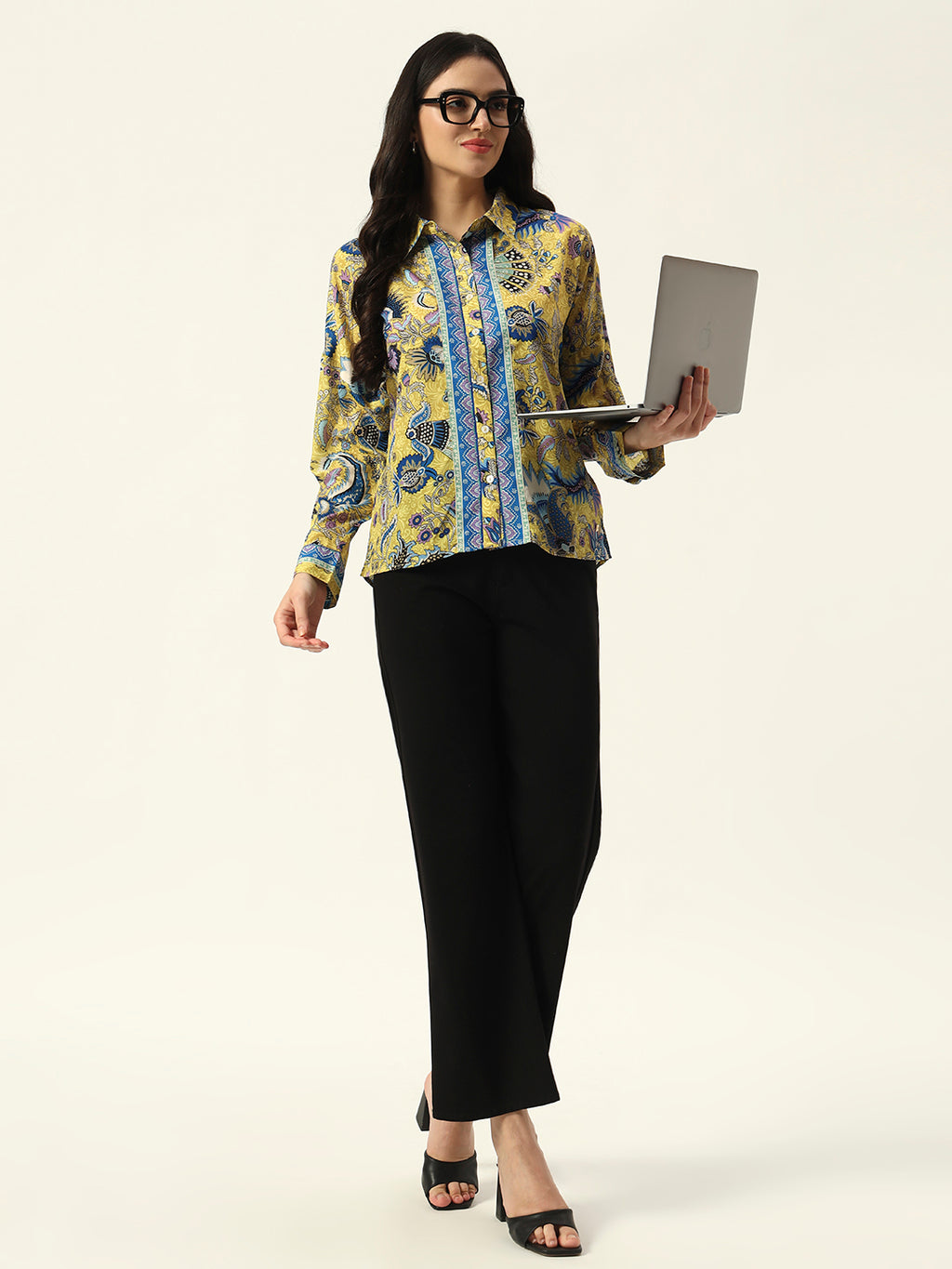 Beatnik Printed Crepe Button-Down Yellow Western Shirt