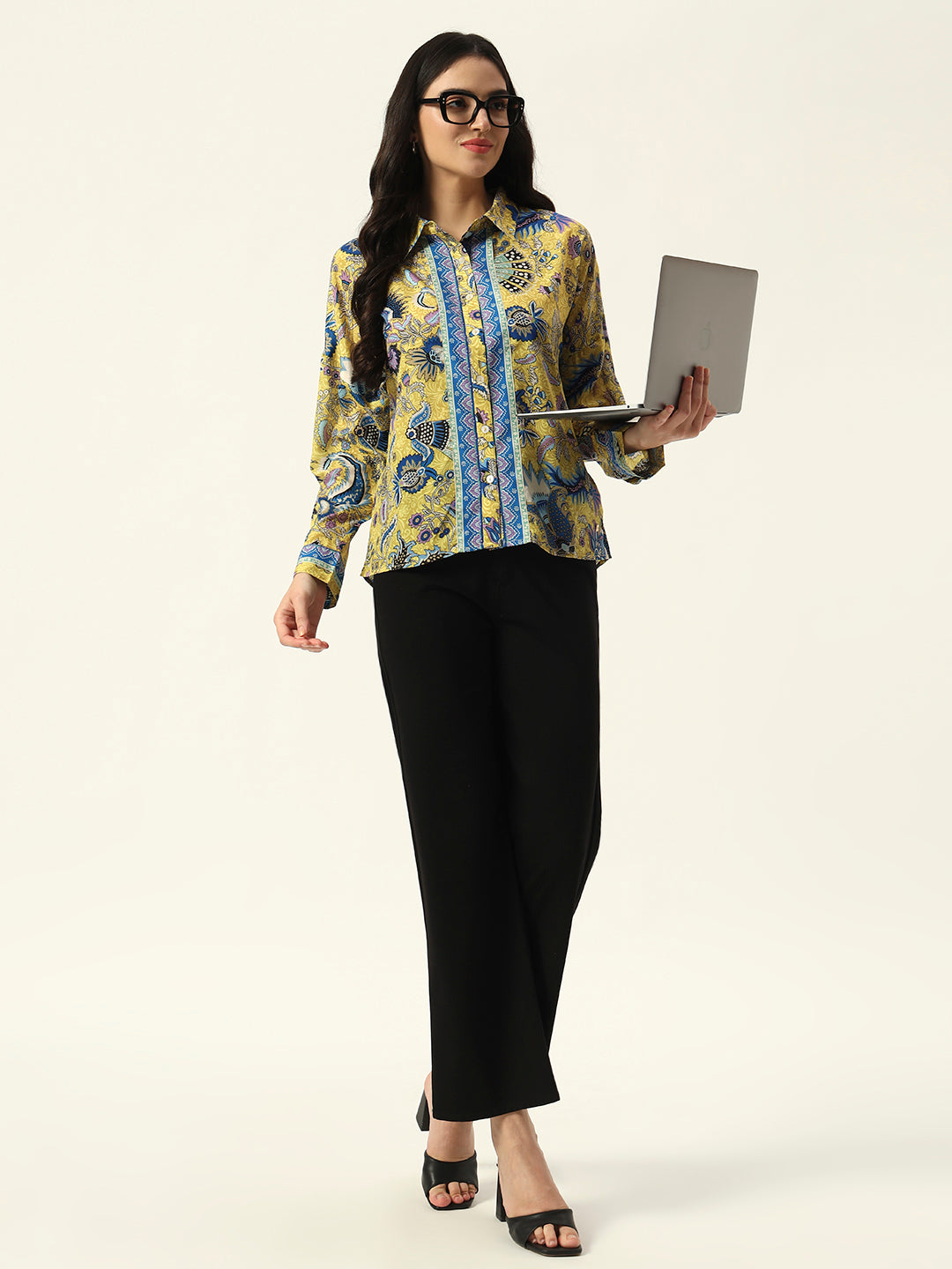 Beatnik Printed Crepe Button-Down Yellow Western Shirt