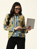 Beatnik Printed Crepe Button-Down Yellow Western Shirt