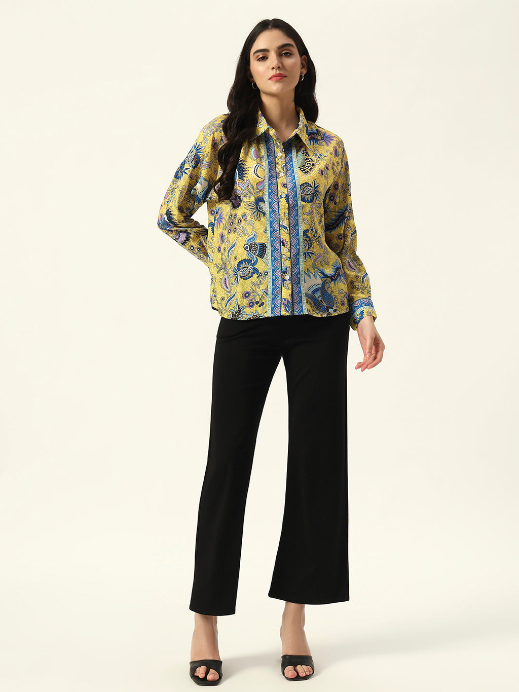 Beatnik Printed Crepe Button-Down Yellow Western Shirt