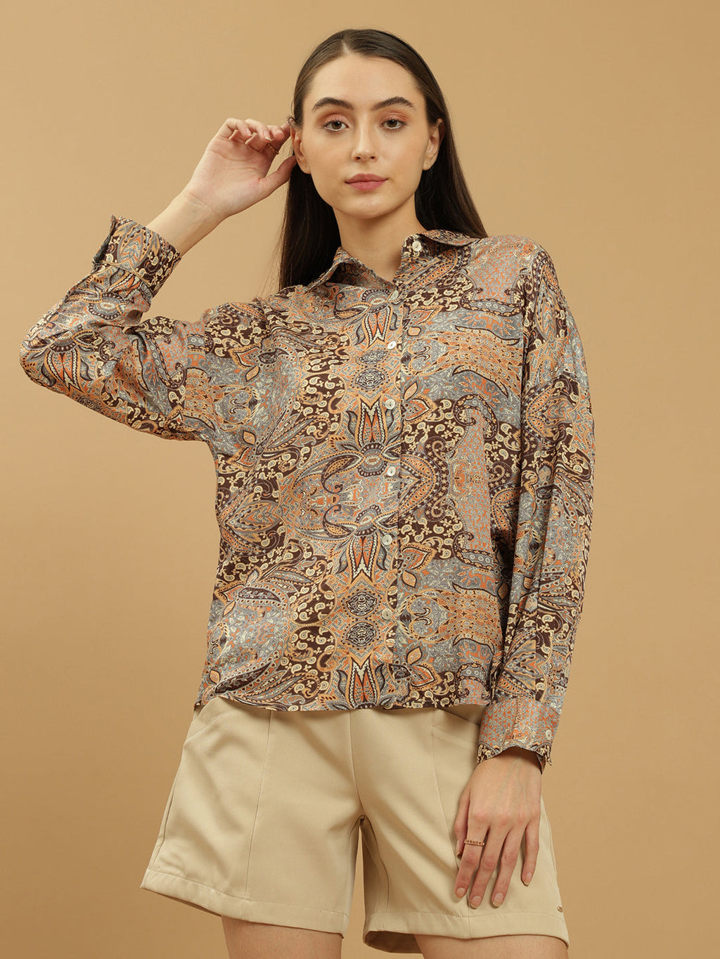 Beatnik Regular Printed Full Sleeve Yellow Women Shirt Beatnik India