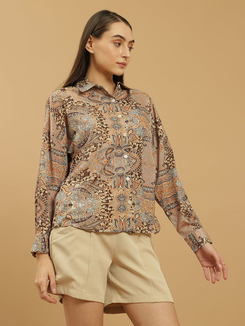 Beatnik Regular Printed Full Sleeve Yellow Women Shirt Beatnik India