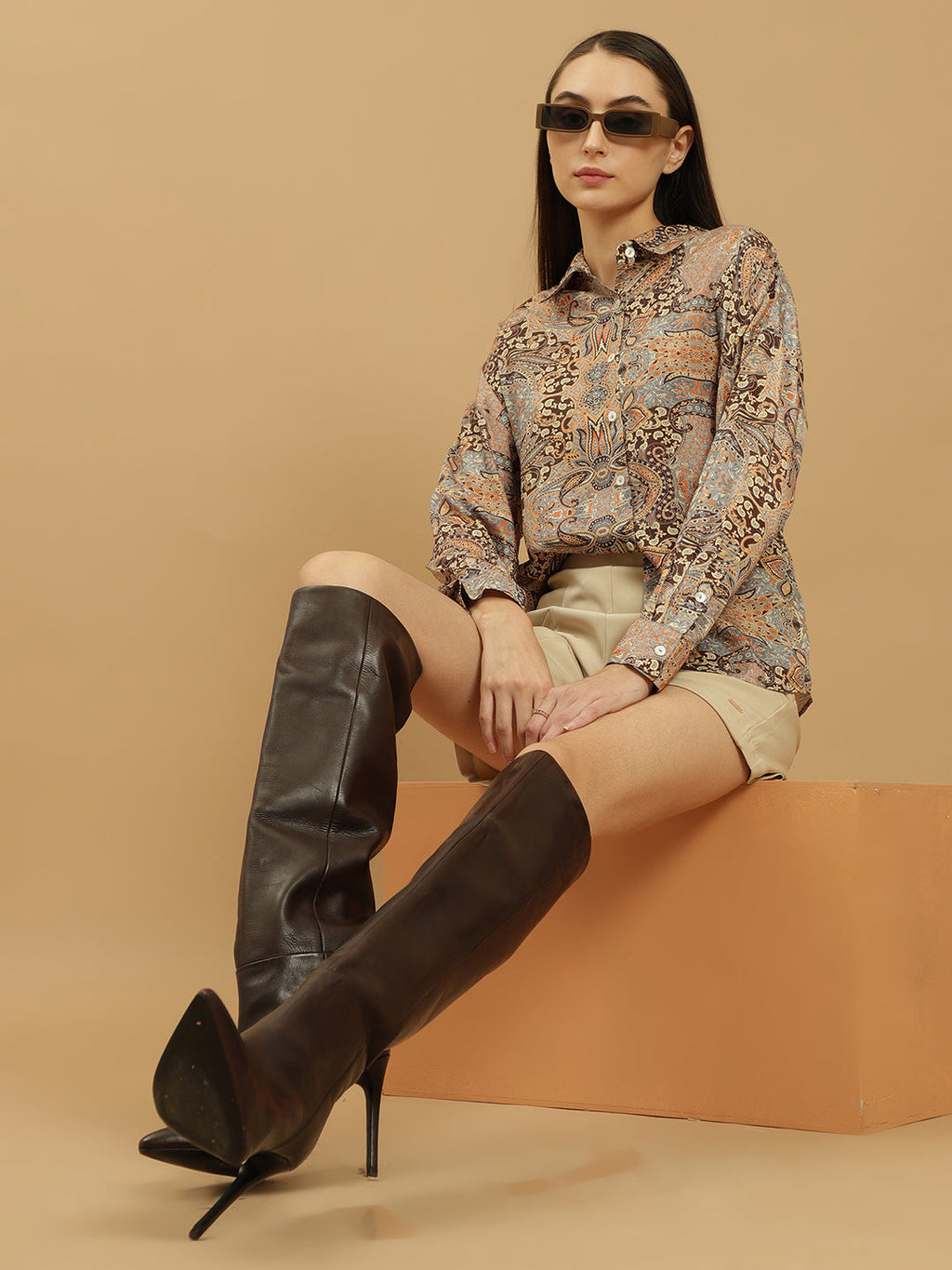 Beatnik Regular Printed Full Sleeve Yellow Women Shirt Beatnik India