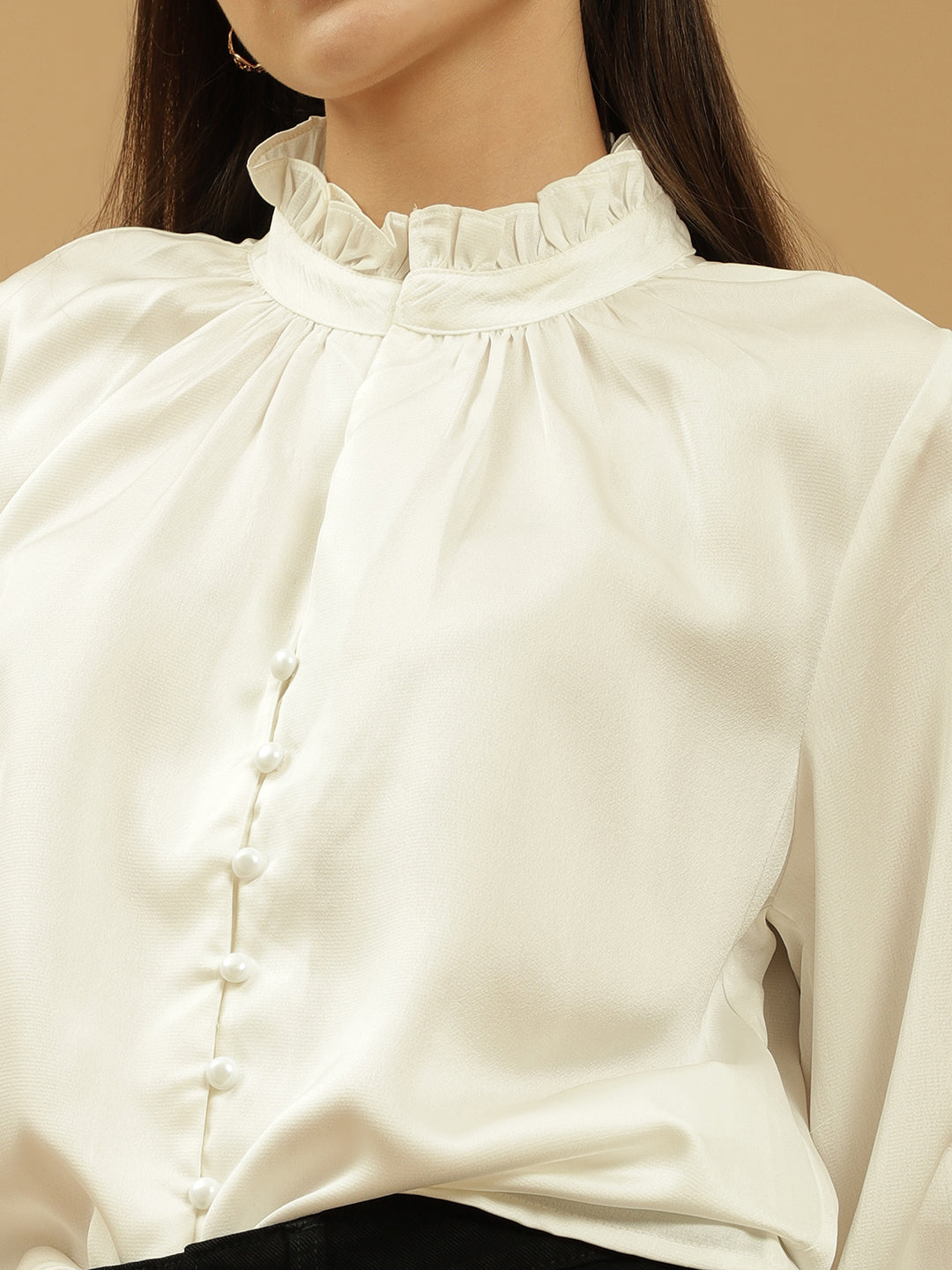 Beatnik Ruffle Hip Length Self Womens Shirt Beatnik India