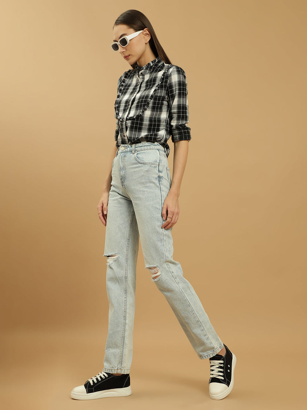 Beatnik Ruffle Shirt Regular Checkered Womens Shirt Beatnik India