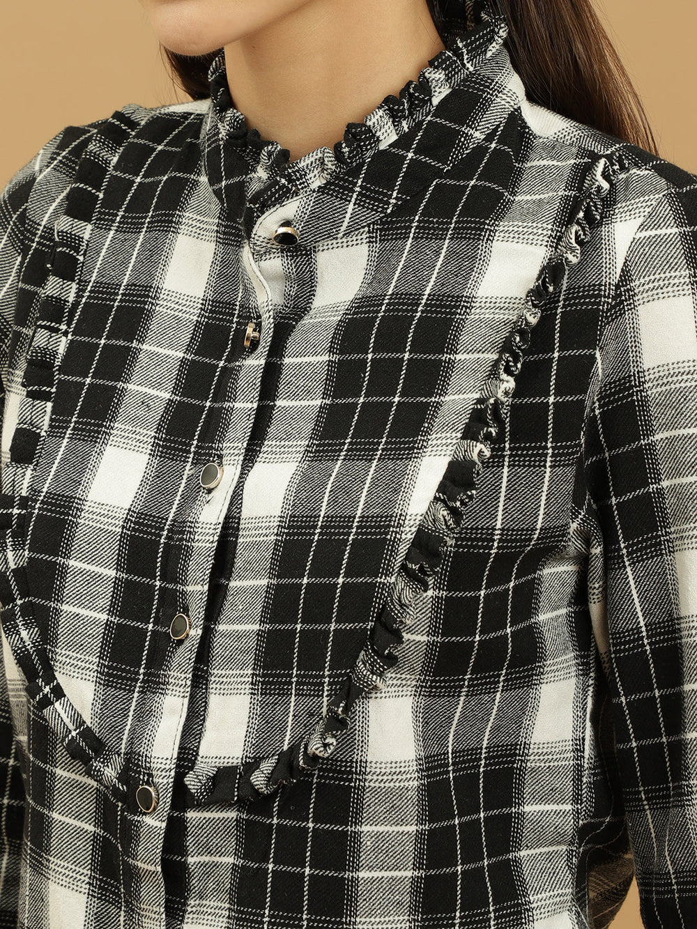 Beatnik Ruffle Shirt Regular Checkered Womens Shirt Beatnik India