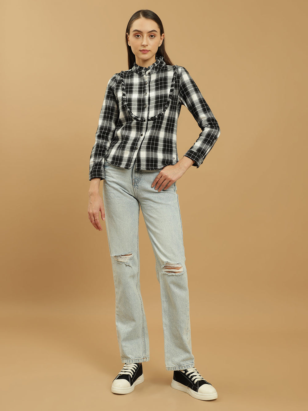 Beatnik Ruffle Shirt Regular Checkered Womens Shirt Beatnik India