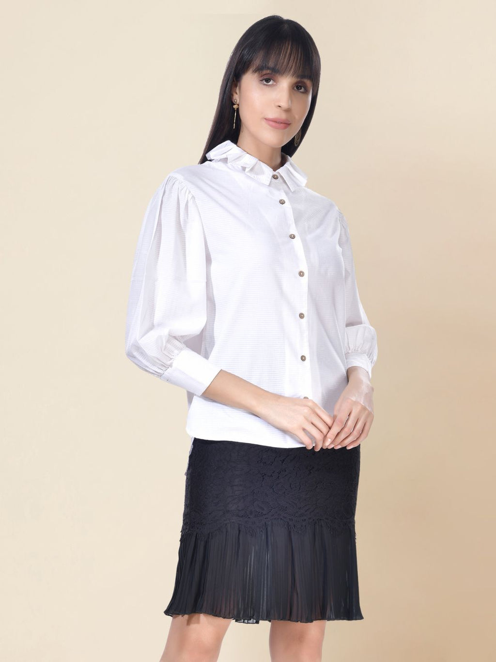 Beatnik Cotton Blend Spread Collar White Womens Shirt Beatnik India