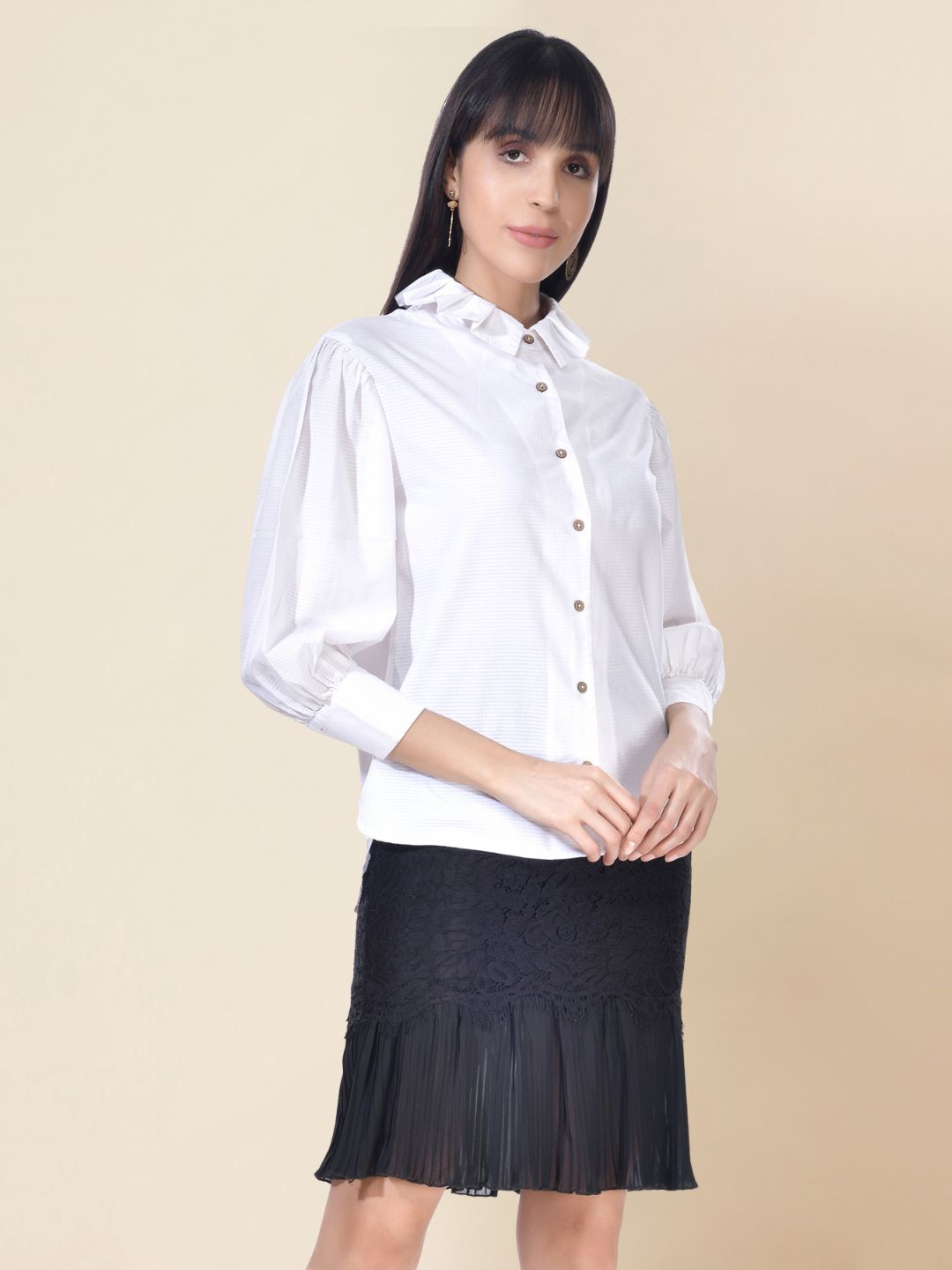 Beatnik Cotton Blend Spread Collar White Womens Shirt Beatnik India