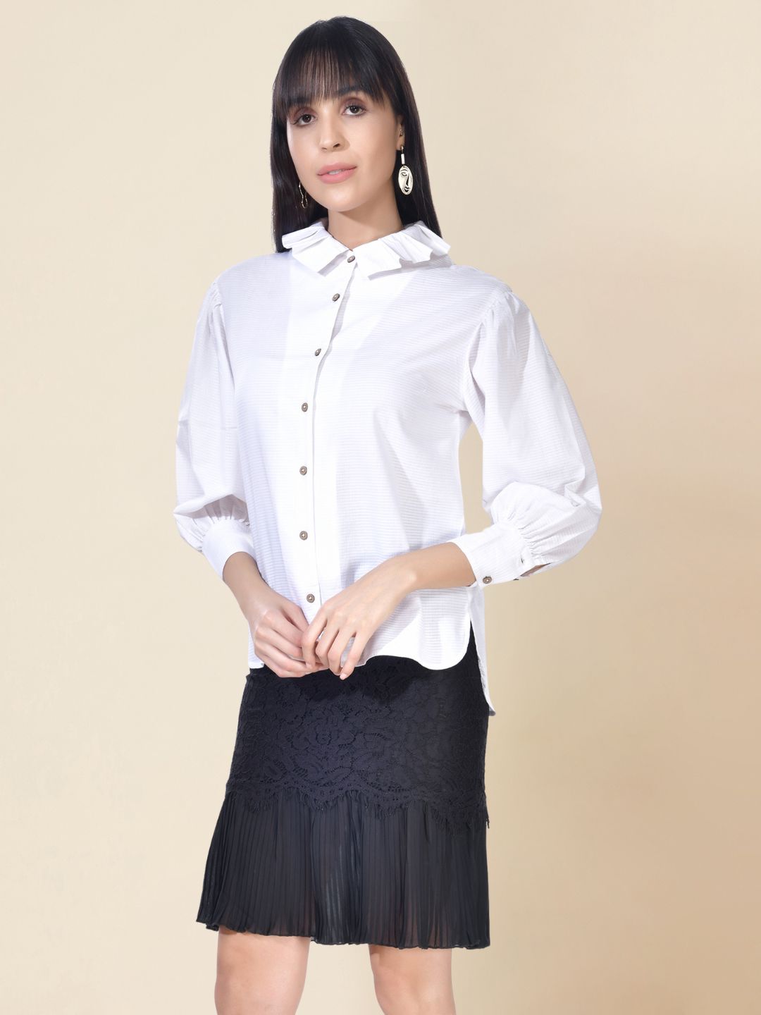 Beatnik Cotton Blend Spread Collar White Womens Shirt Beatnik India