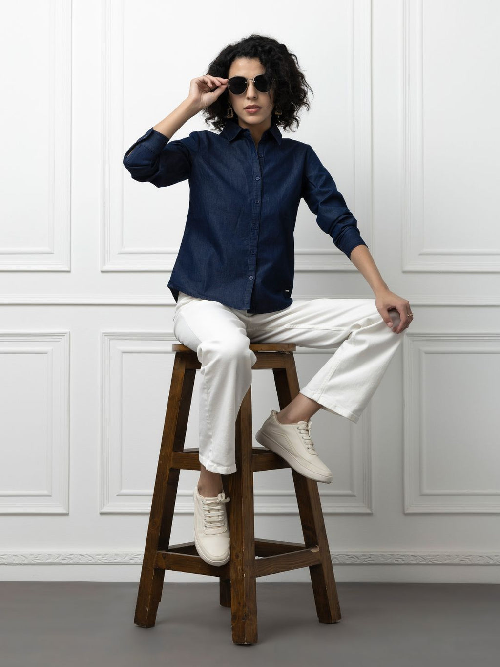 Beatnik Denim Dark Blue Button-Down Collar Womens Formal Shirt Beatnik India