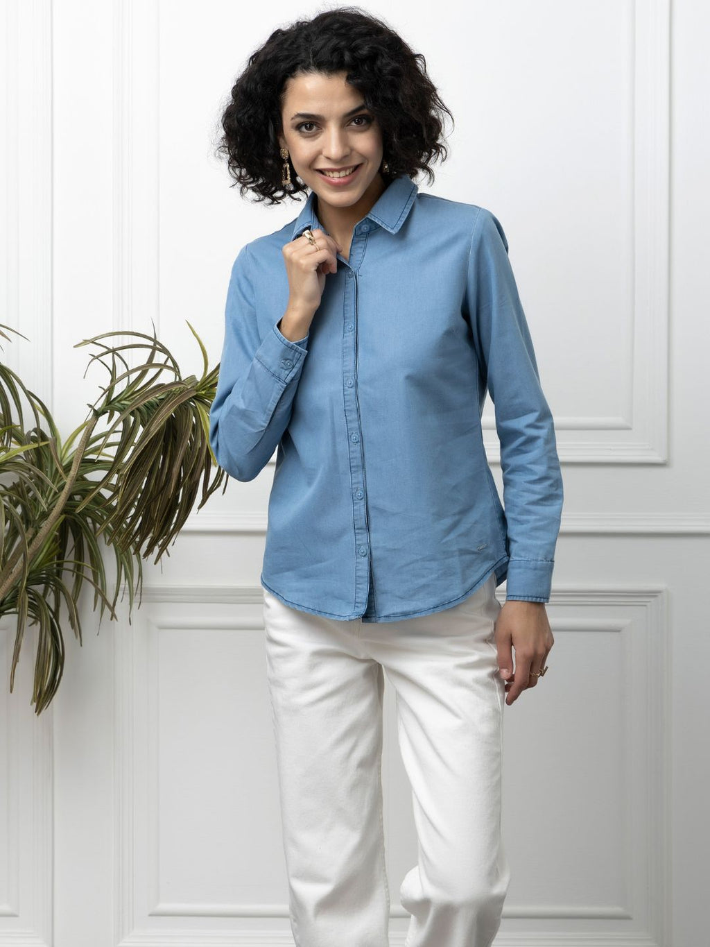 Beatnik Denim Light Blue Button-Down Collar Womens Formal Shirt Beatnik India