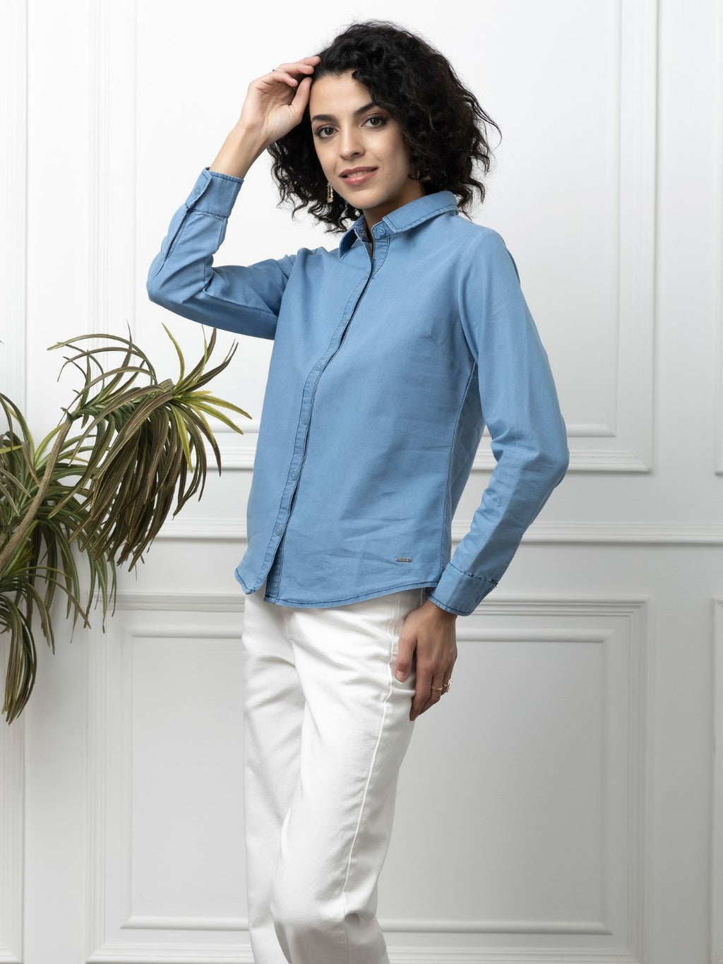 Beatnik Denim Light Blue Button-Down Collar Womens Formal Shirt Beatnik India