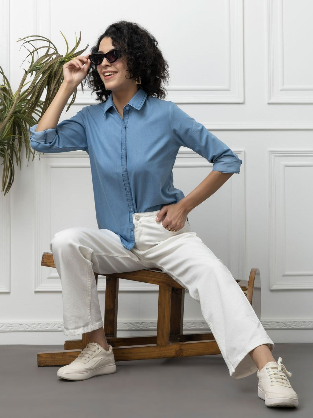 Beatnik Denim Light Blue Button-Down Collar Womens Formal Shirt Beatnik India