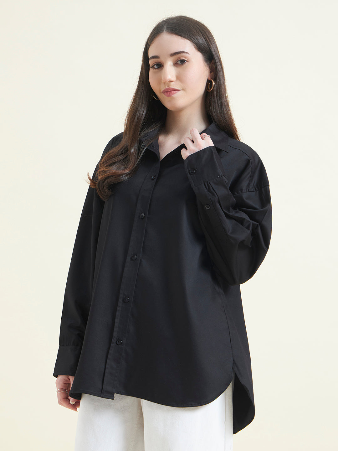 Beatnik Women Black Oversized Poplin Full Sleeve Office Wear Formal Shirt
