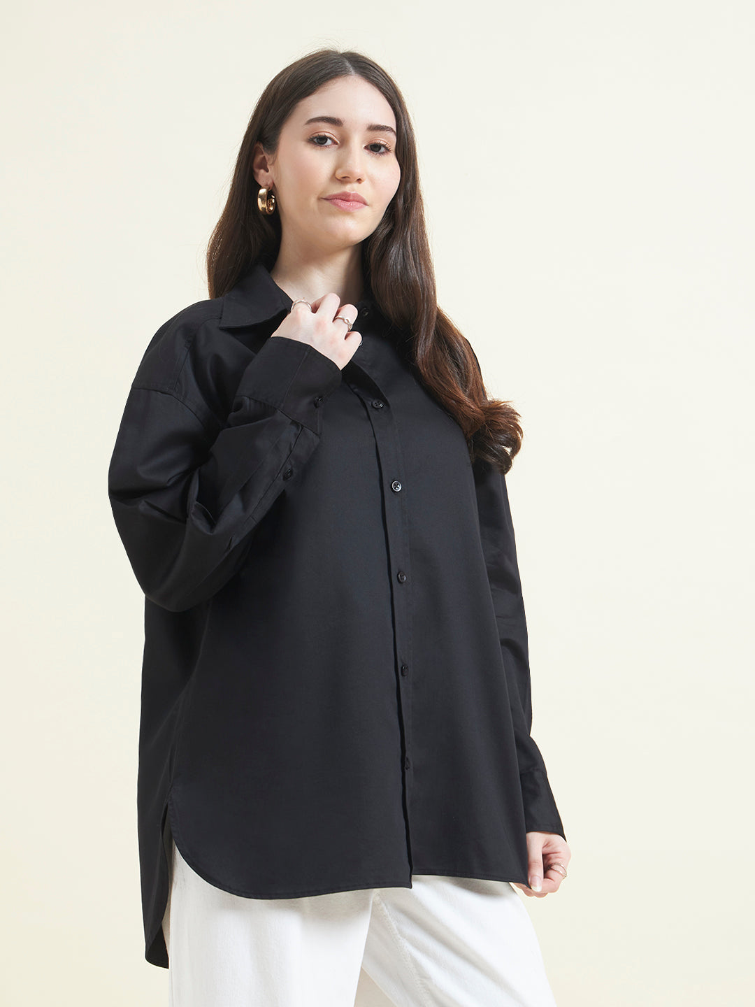 Beatnik Women Black Oversized Poplin Full Sleeve Office Wear Formal Shirt