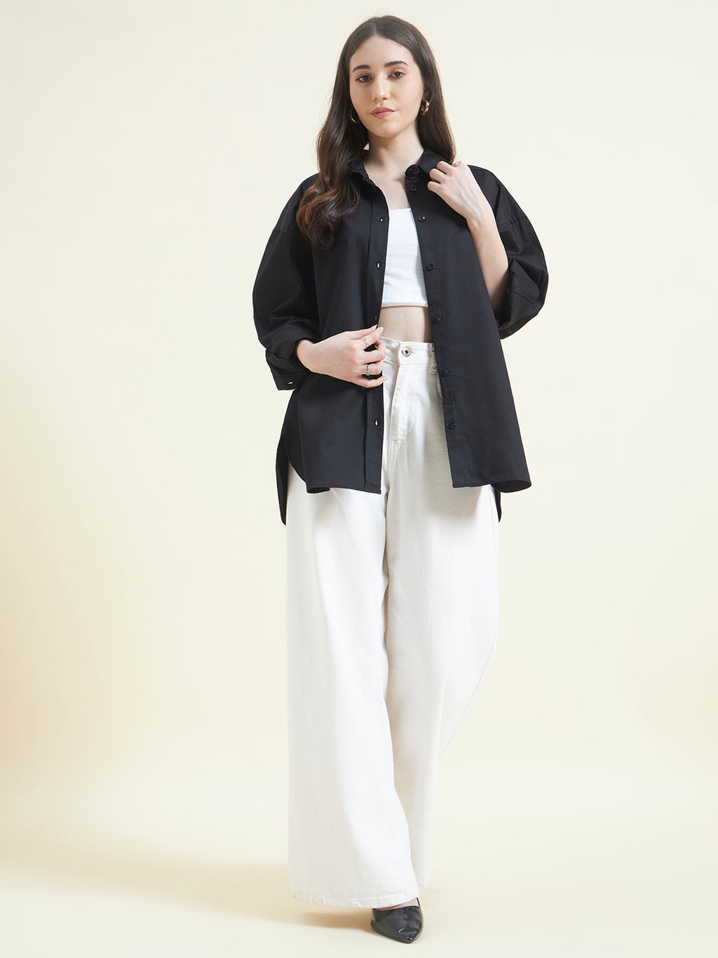 Beatnik Women Black Oversized Poplin Full Sleeve Office Wear Formal Shirt