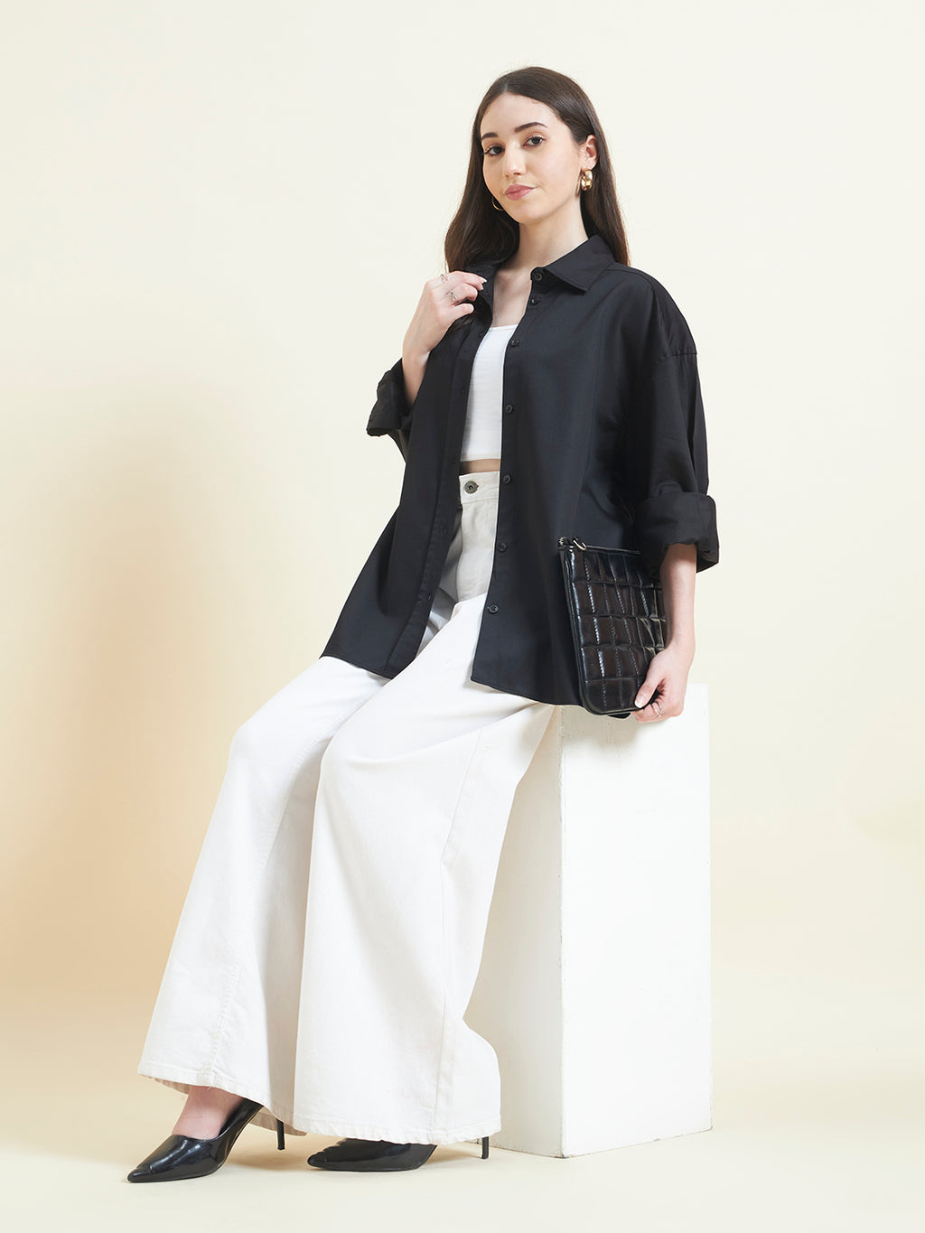 Beatnik Women Black Oversized Poplin Full Sleeve Office Wear Formal Shirt