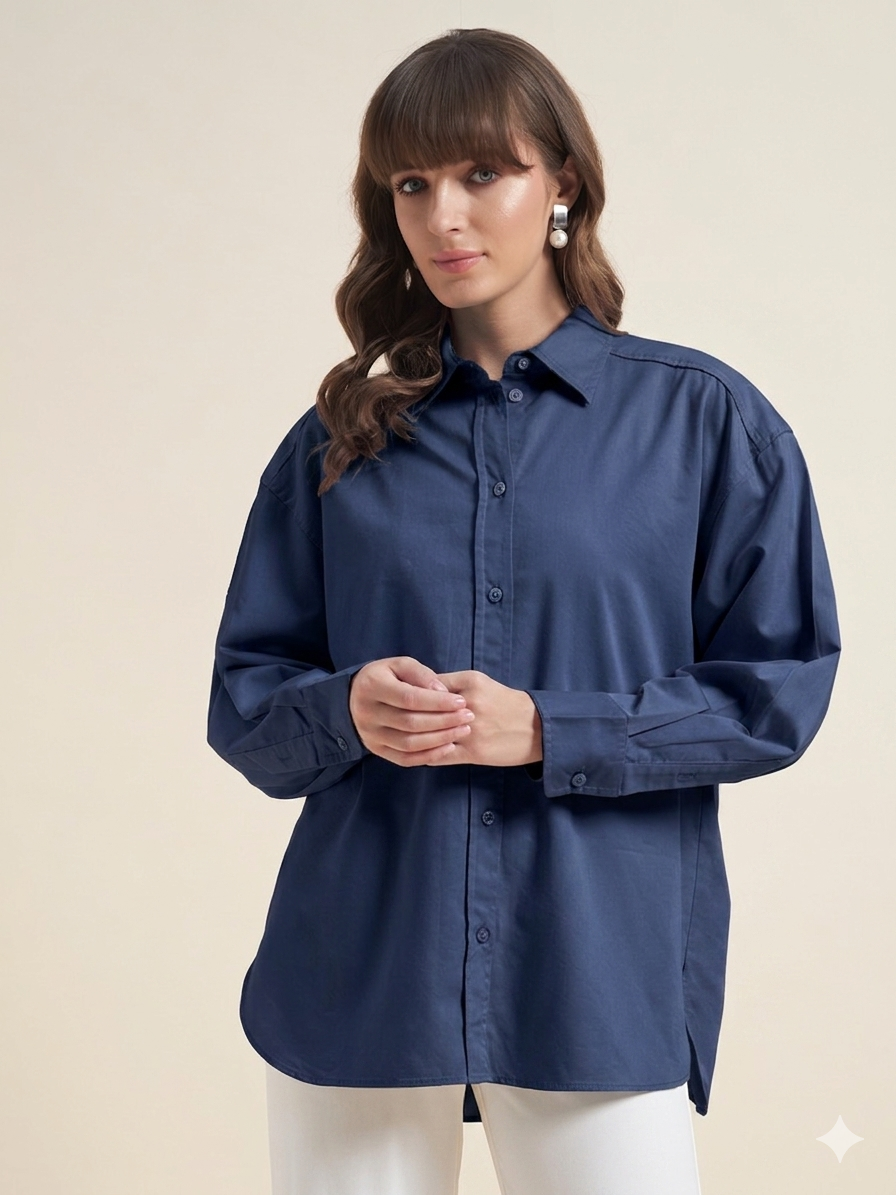 Beatnik Women Navy Blue Oversized Poplin Full Sleeve Office Formal Shirt