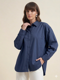 Beatnik Women Navy Blue Oversized Poplin Full Sleeve Office Formal Shirt