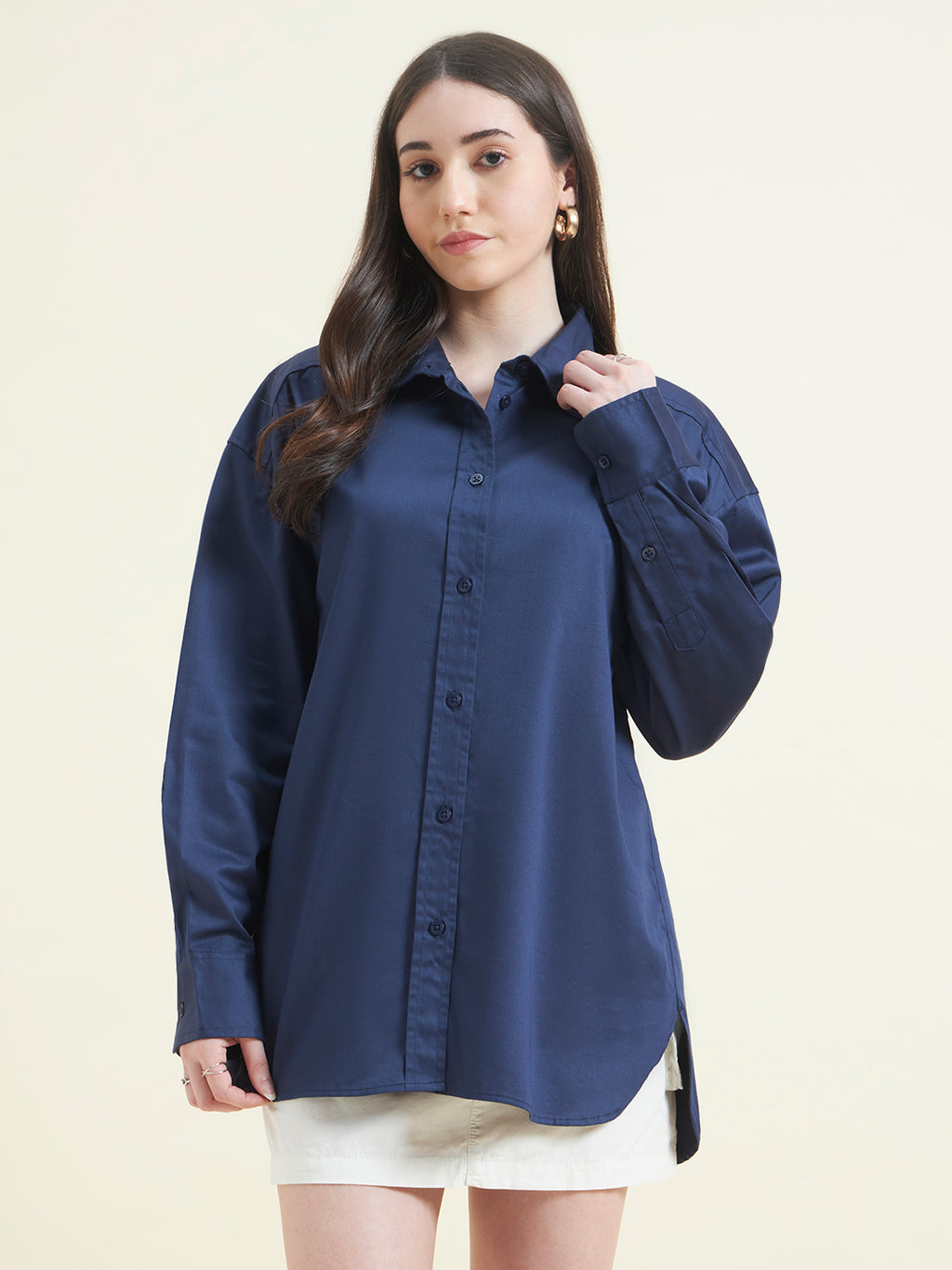 Beatnik Women Navy Blue Oversized Poplin Full Sleeve Office Formal Shirt