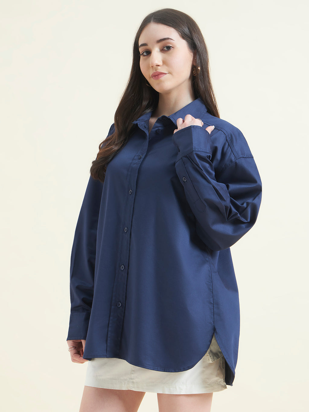 Beatnik Women Navy Blue Oversized Poplin Full Sleeve Office Formal Shirt