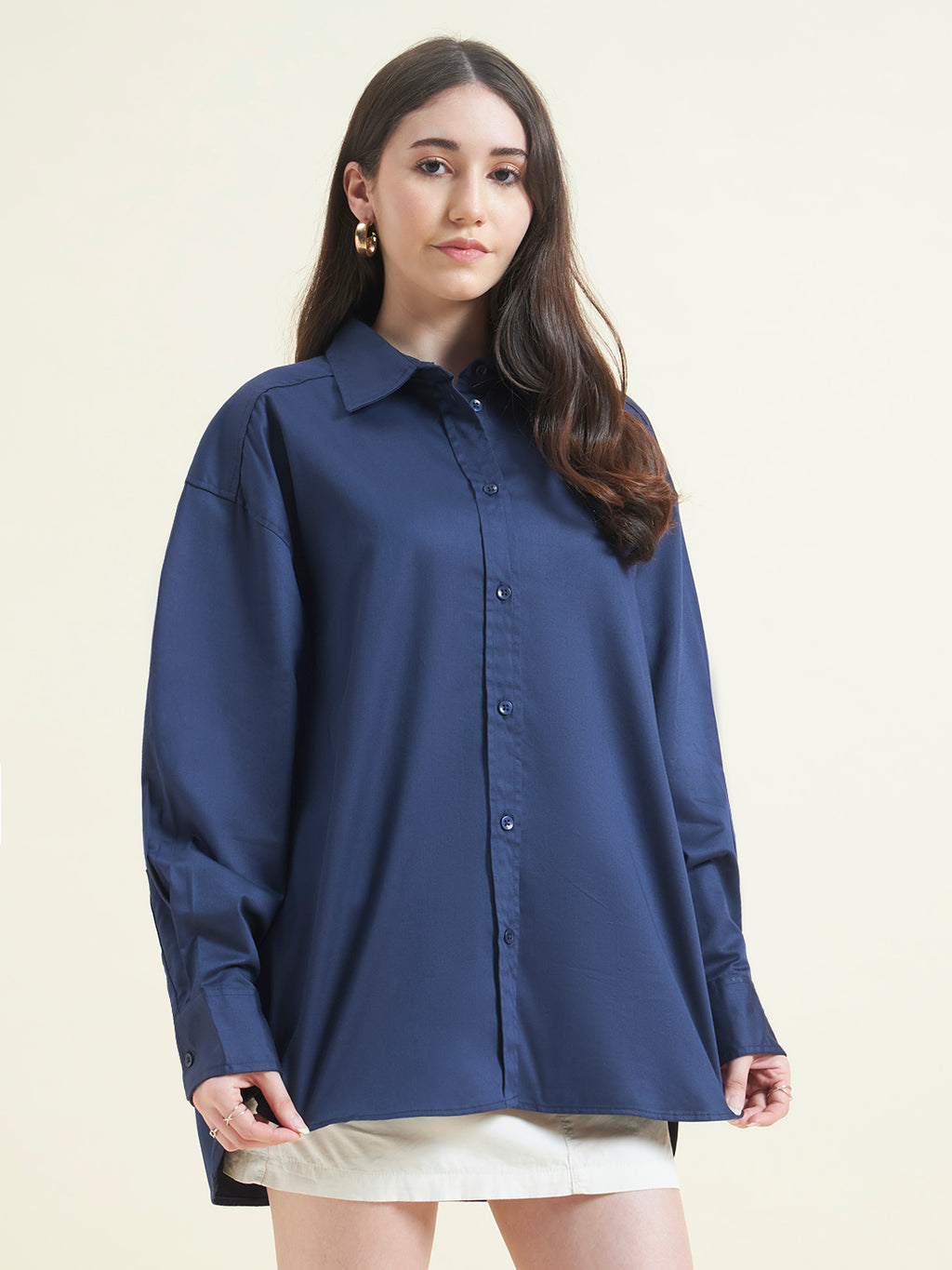 Beatnik Women Navy Blue Oversized Poplin Full Sleeve Office Formal Shirt