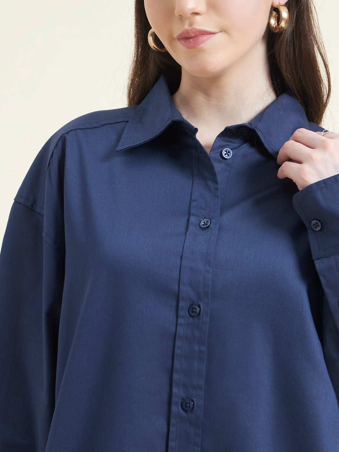 Beatnik Women Navy Blue Oversized Poplin Full Sleeve Office Formal Shirt