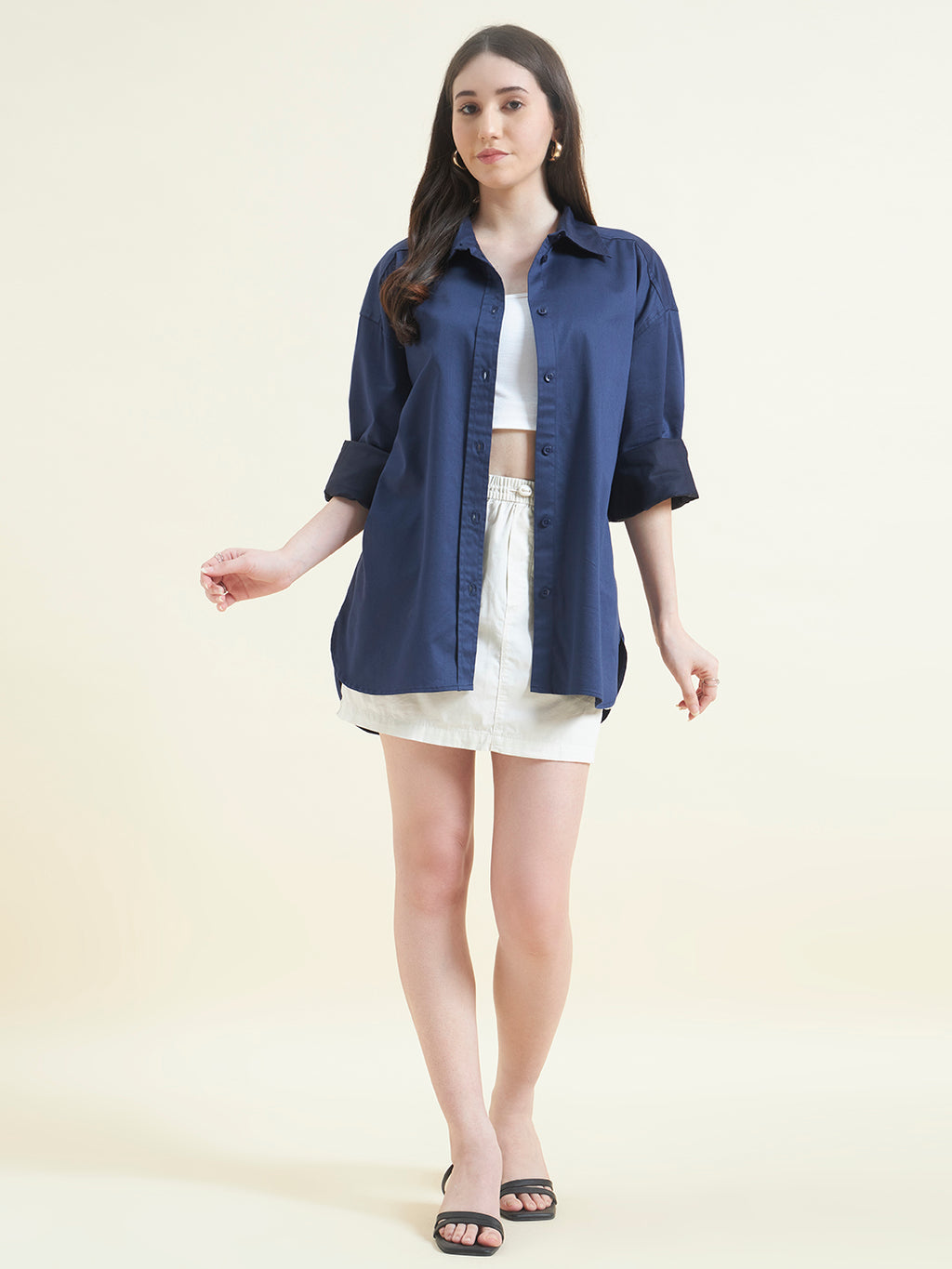 Beatnik Women Navy Blue Oversized Poplin Full Sleeve Office Formal Shirt