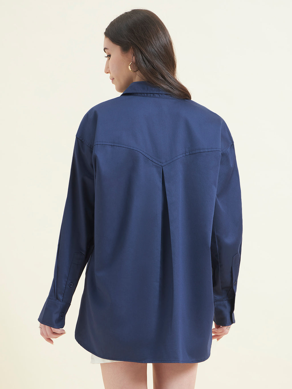 Beatnik Women Navy Blue Oversized Poplin Full Sleeve Office Formal Shirt