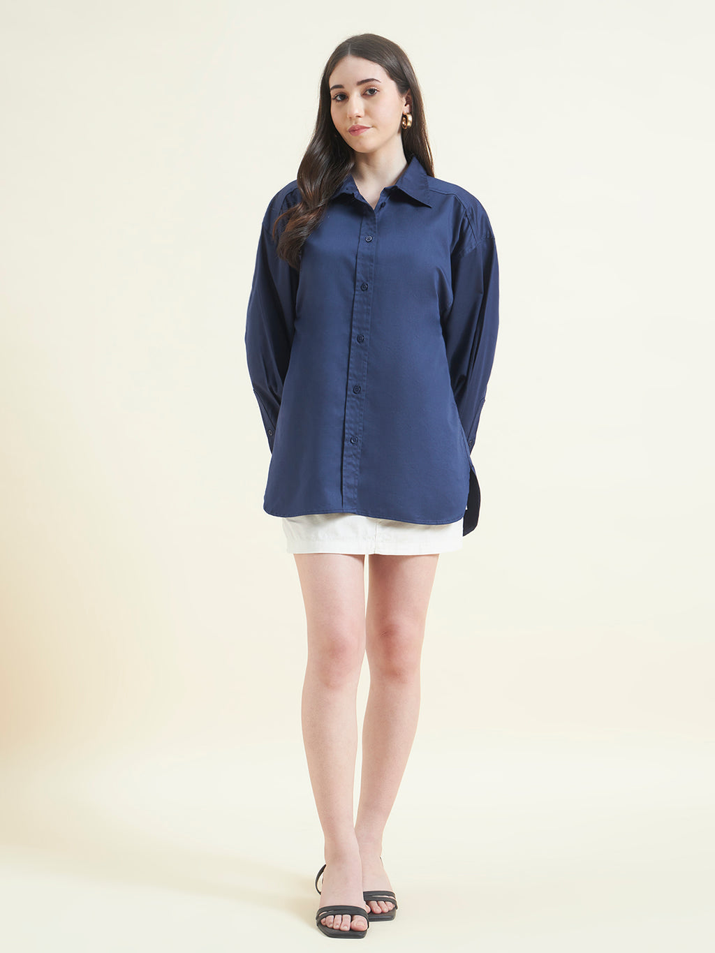 Beatnik Women Navy Blue Oversized Poplin Full Sleeve Office Formal Shirt