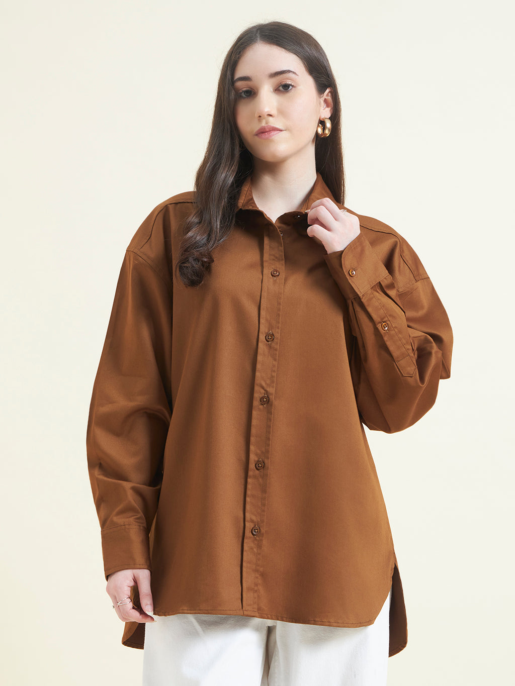 Beatnik Women Tan Oversized Poplin Full Sleeve Office Wear Formal Shirt