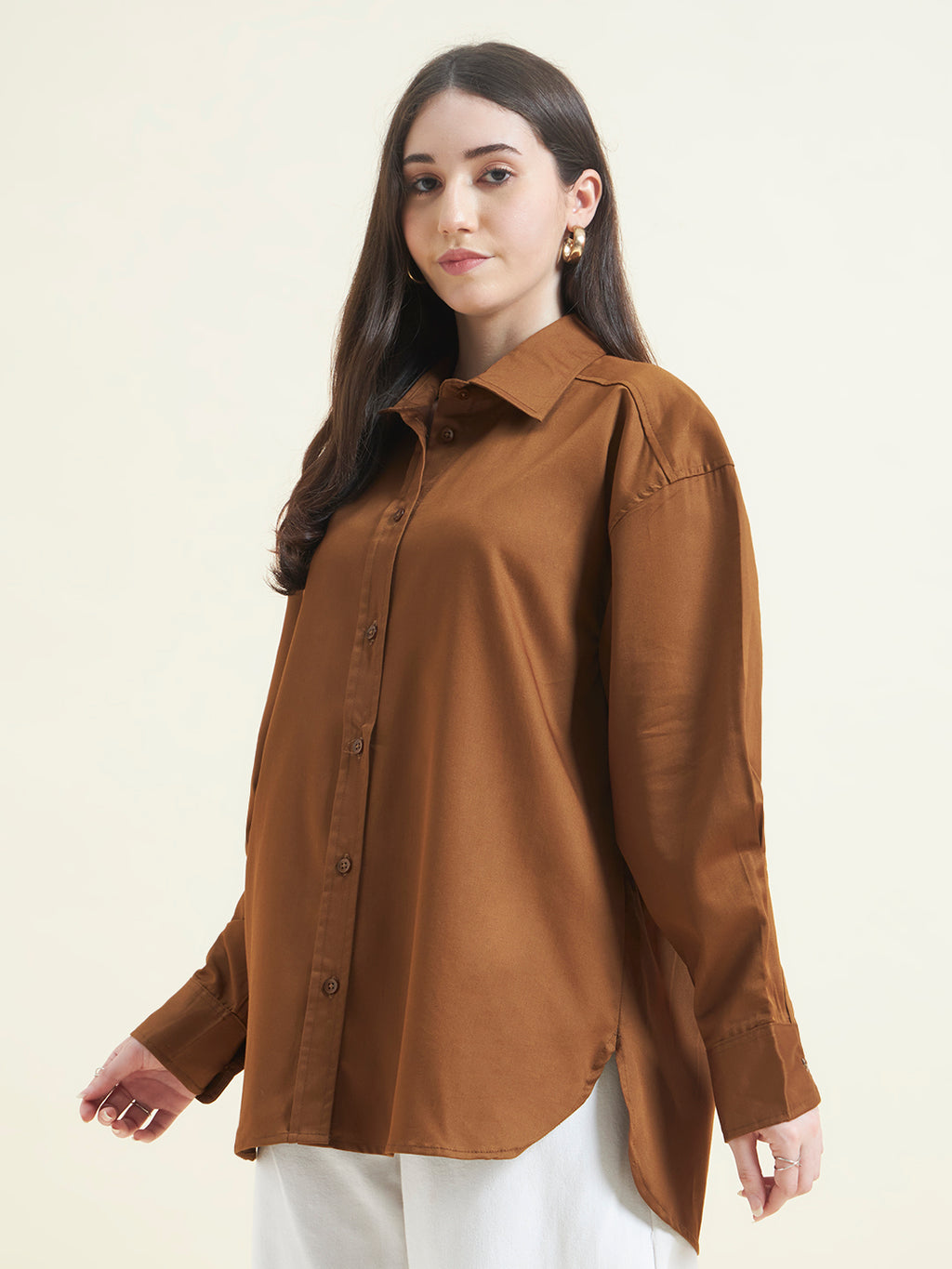 Beatnik Women Tan Oversized Poplin Full Sleeve Office Wear Formal Shirt