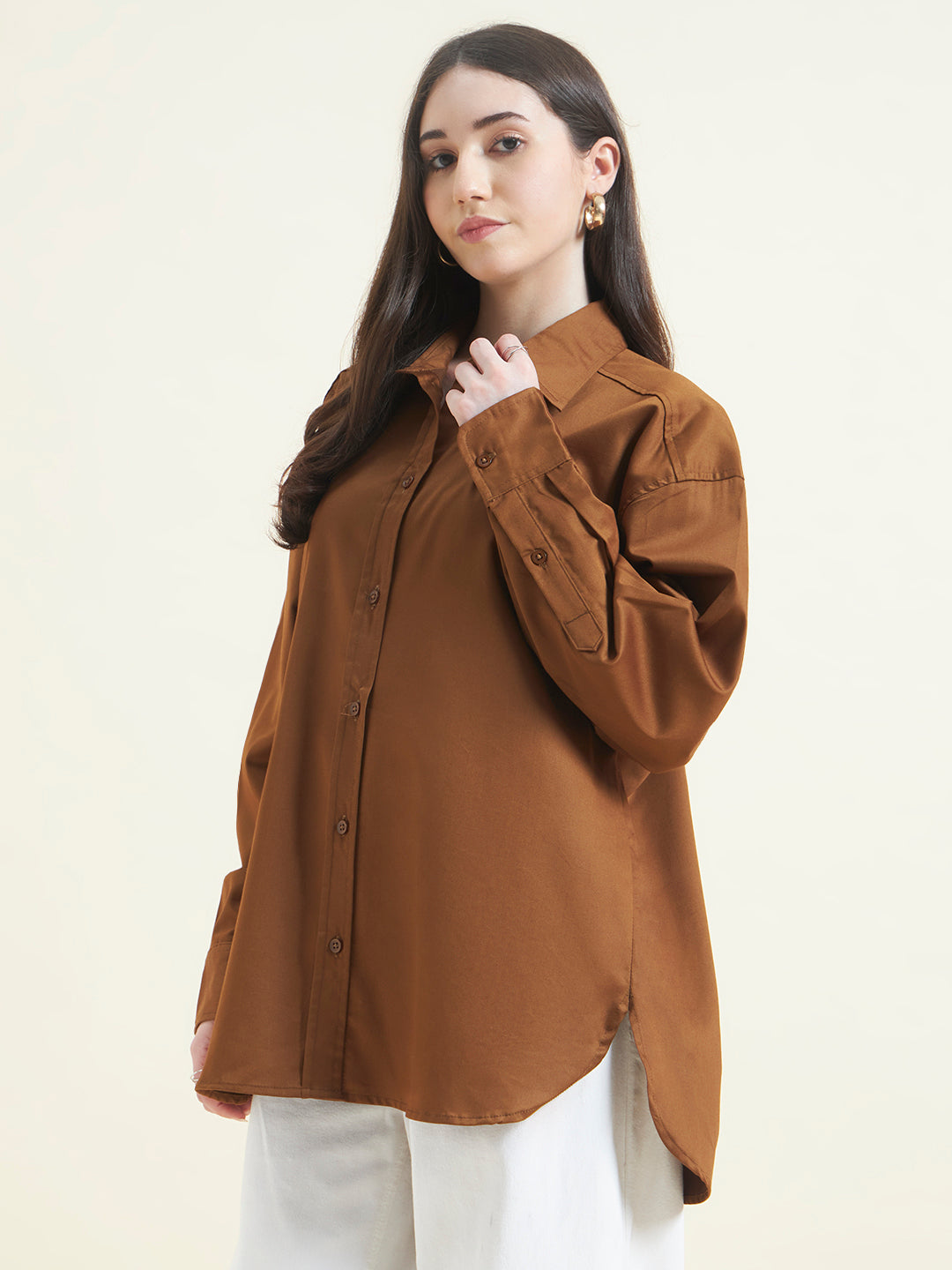 Beatnik Women Tan Oversized Poplin Full Sleeve Office Wear Formal Shirt